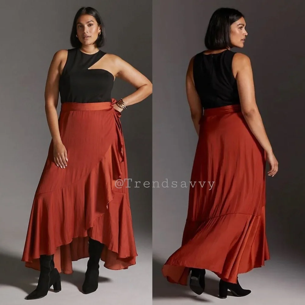 Anthropologie Maeve Ruffled Wrap Maxi Skirt Dark Orange Size 1X NWT
